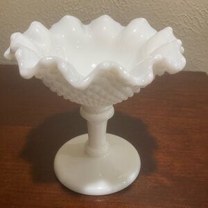 Vintage, Westmorland, Hobnail Compote Milk Glass Candy Dish with a Ruffled Edge